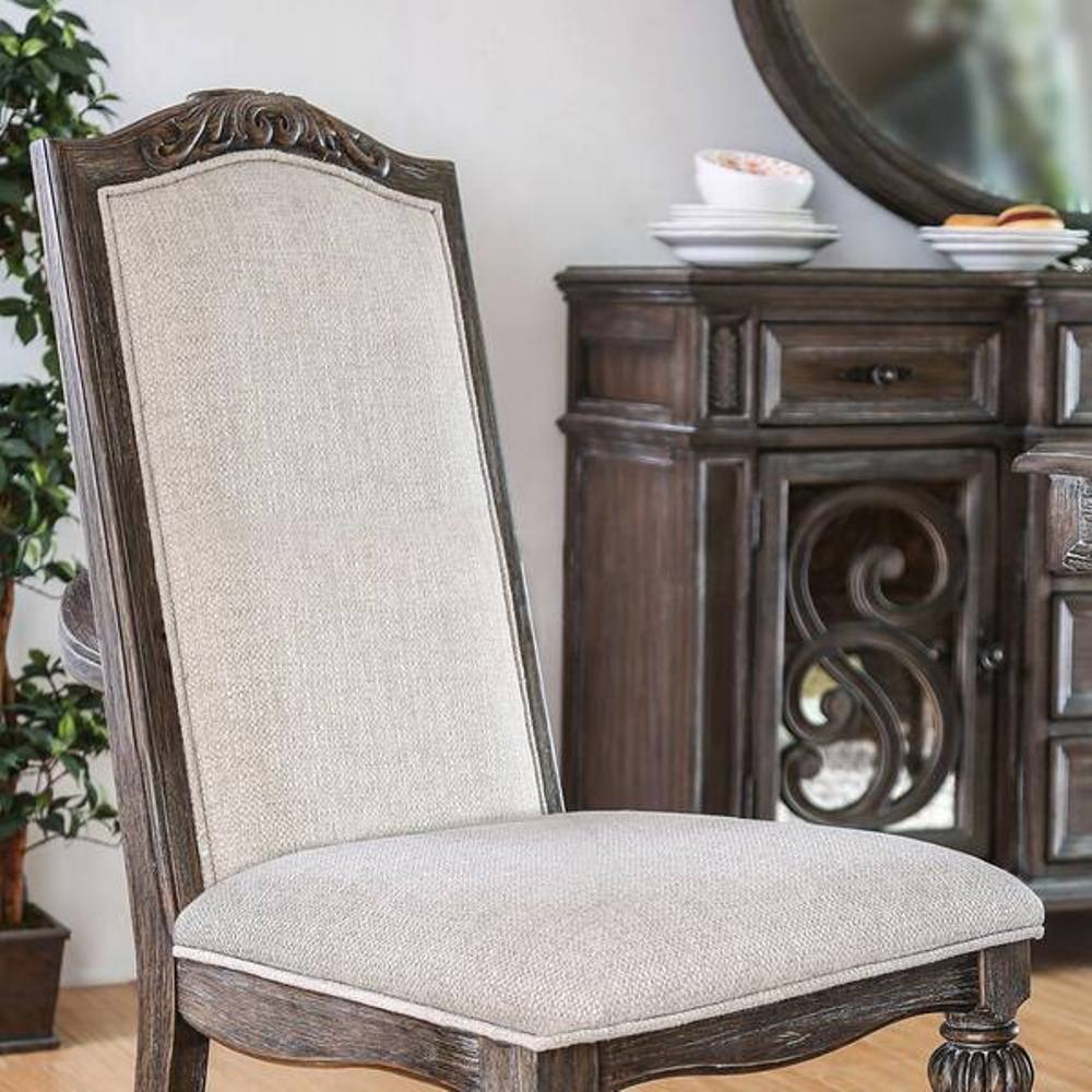 Natural Tone And Ivory Finish Rustic Style 2pc Side Chair Upholstered Seat Intricate Wood Inlay Detail Dining Room