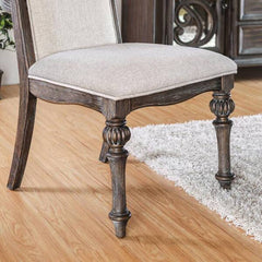 Natural Tone And Ivory Finish Rustic Style 2pc Side Chair Upholstered Seat Intricate Wood Inlay Detail Dining Room