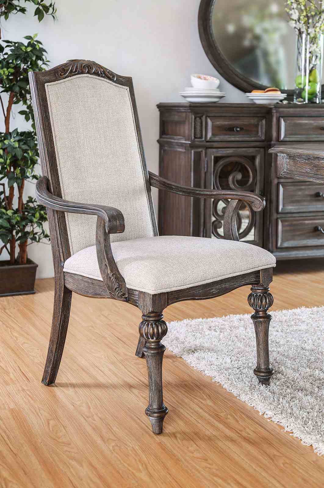Natural Tone And Ivory Finish Rustic Style 2pc Arm Chair Upholstered Seat Intricate Wood Inlay Detail Dining Room