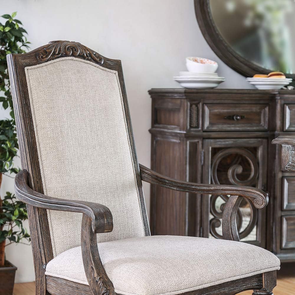 Natural Tone And Ivory Finish Rustic Style 2pc Arm Chair Upholstered Seat Intricate Wood Inlay Detail Dining Room