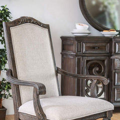 Natural Tone And Ivory Finish Rustic Style 2pc Arm Chair Upholstered Seat Intricate Wood Inlay Detail Dining Room