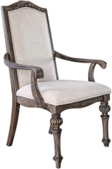 Natural Tone And Ivory Finish Rustic Style 2pc Arm Chair Upholstered Seat Intricate Wood Inlay Detail Dining Room
