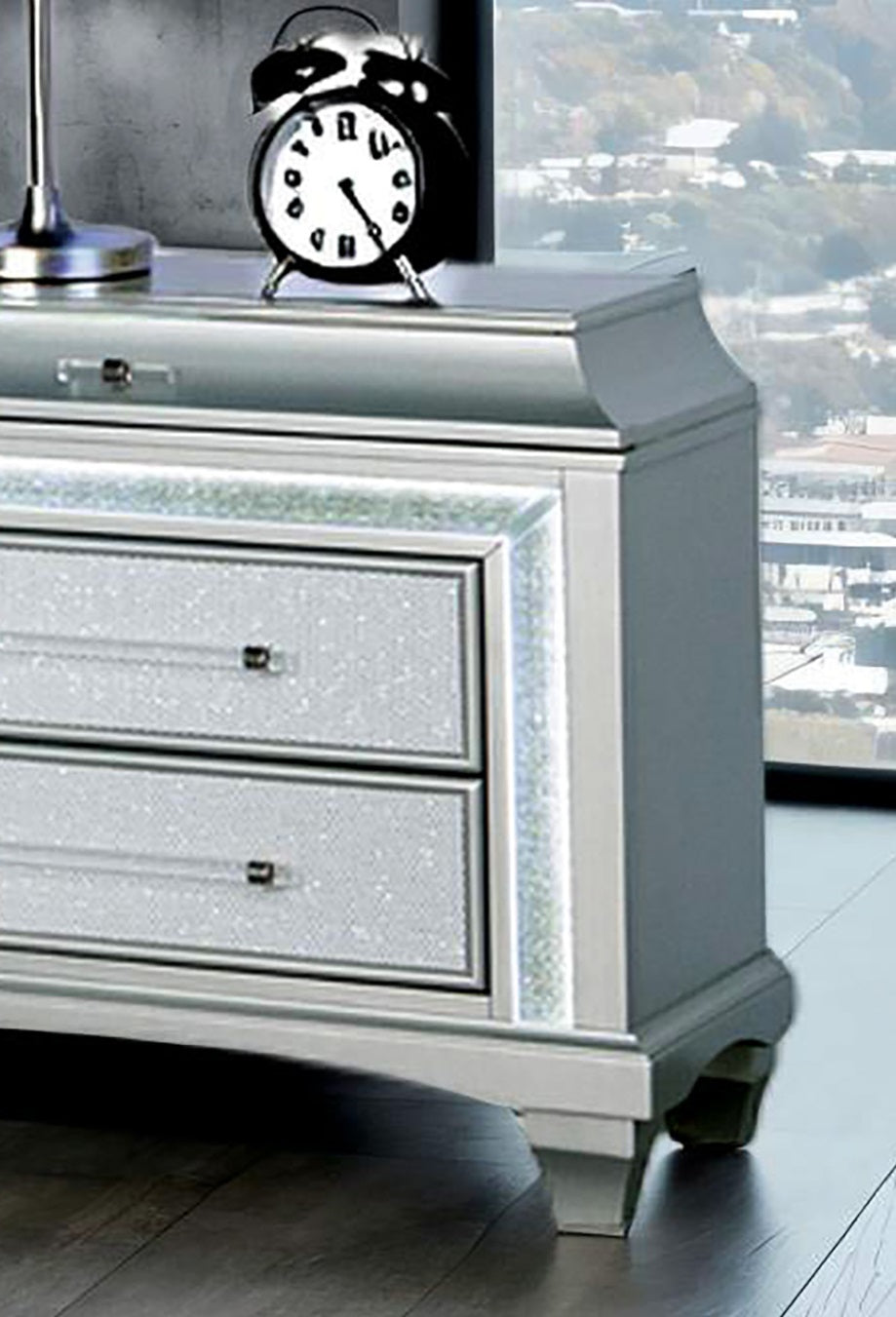 Glam Style 1pc Nightstand Acrylic Handles LED Light Faux Crystal Trim Gray Finish Bedroom Furniture