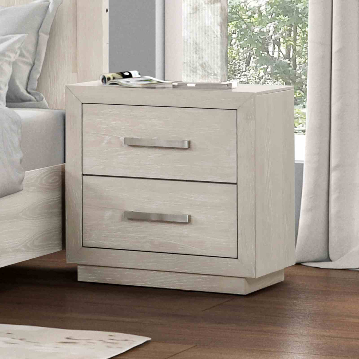 Transitional Style 1pc Nightstand Horizontal Handles Metal Side Glide French And English Dovetail Drawers Light Gray Finish Bedroom Furniture
