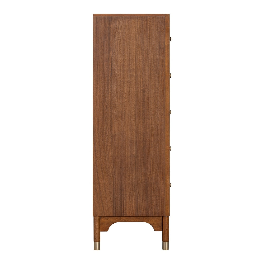 1pc Contemporary Walnut Finish Gold-Capped Legs Five-Drawers Tall Chest Wooden English Dovetail