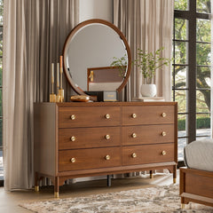 1pc Contemporary Walnut Finish Gold-Capped Legs 6-Drawers Dresser Wooden English Dovetail Bedroom