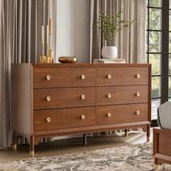 1pc Contemporary Walnut Finish Gold-Capped Legs 6-Drawers Dresser Wooden English Dovetail Bedroom