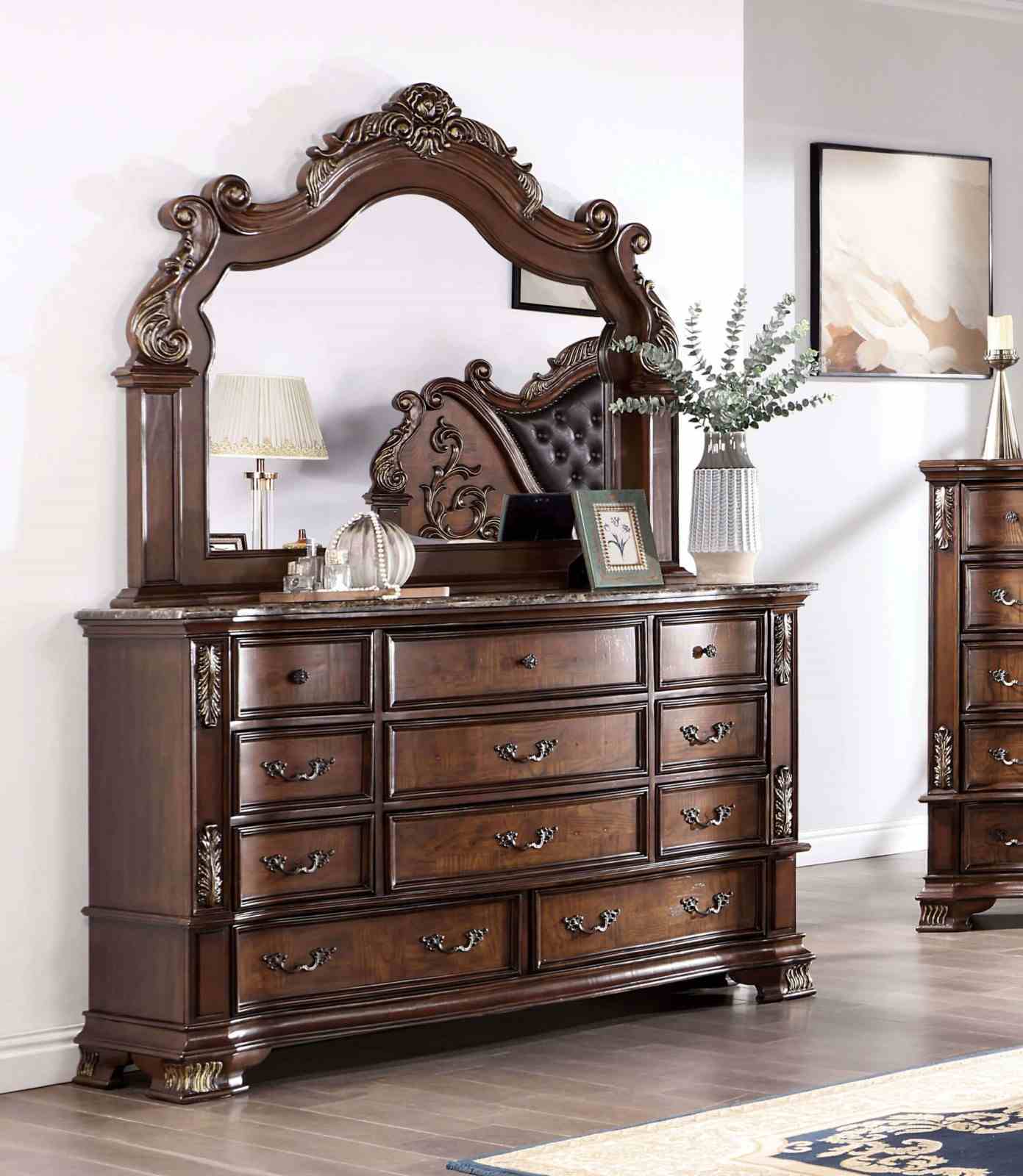 Brown Cherry 1pc Dresser Traditional Style Genuine Marble Top Bronze Round Knob and Hanging Pulls Bedroom