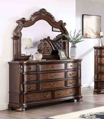 Brown Cherry 1pc Dresser Traditional Style Genuine Marble Top Bronze Round Knob and Hanging Pulls Bedroom