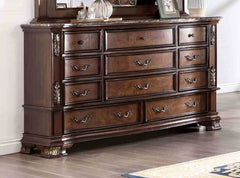 Brown Cherry 1pc Dresser Traditional Style Genuine Marble Top Bronze Round Knob and Hanging Pulls Bedroom
