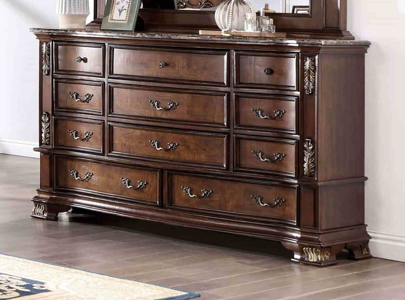 Brown Cherry 1pc Dresser Traditional Style Genuine Marble Top Bronze Round Knob and Hanging Pulls Bedroom