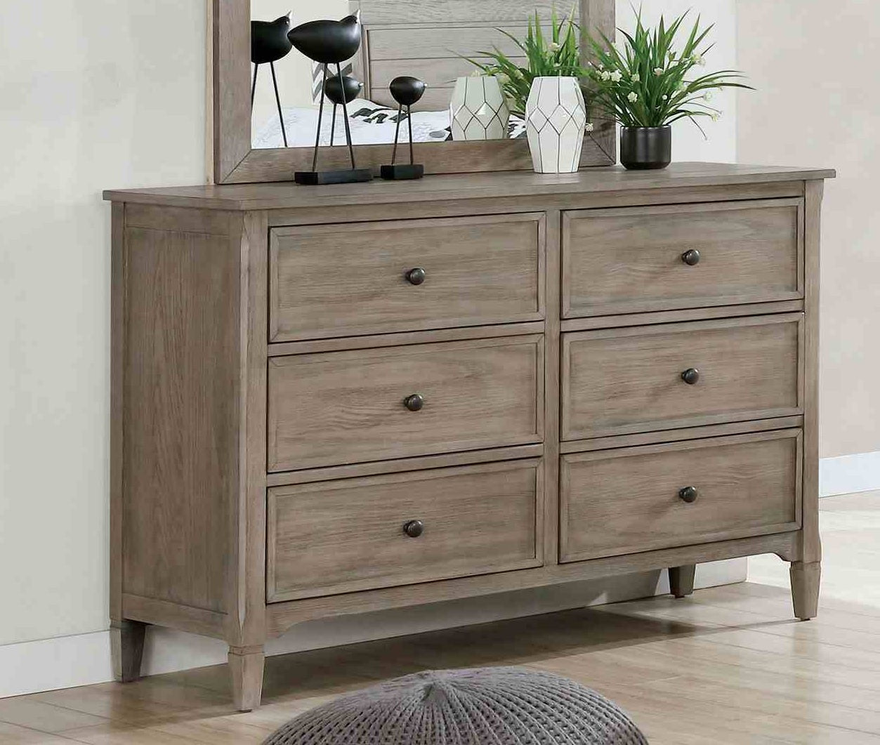 Transitional Style Wire-Brushed Warm Gray 1pc Dresser Round Pull Knobs Wood Grain Texture Bedroom Furniture
