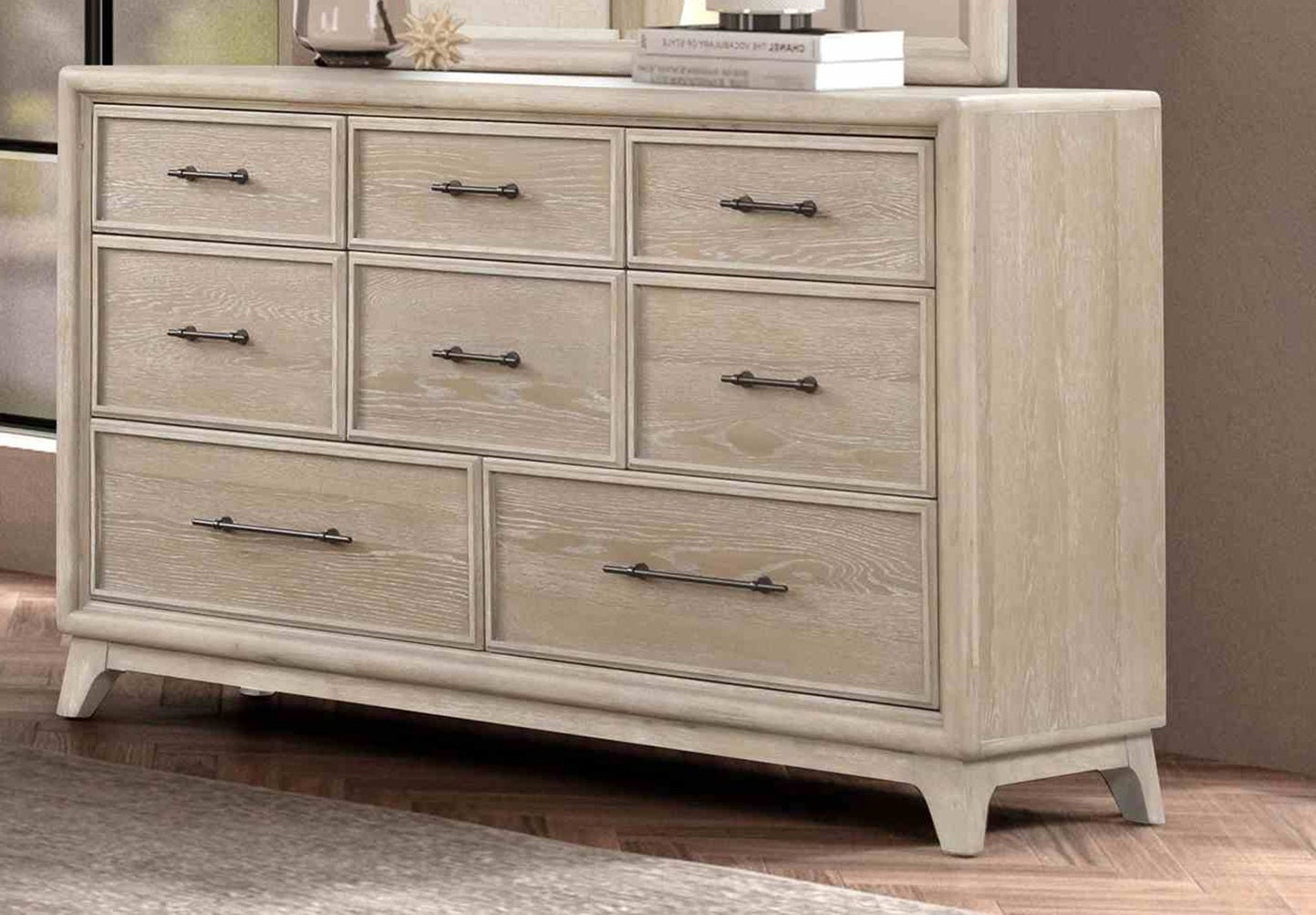 1pc Oak Finish Eight Drawers Dresser Solid Rubberwood Contemporary Sleek Ample Storage