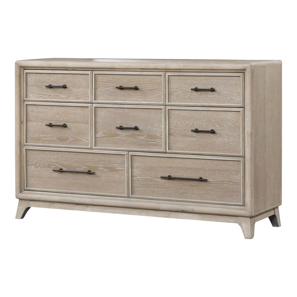 1pc Oak Finish Eight Drawers Dresser Solid Rubberwood Contemporary Sleek Ample Storage