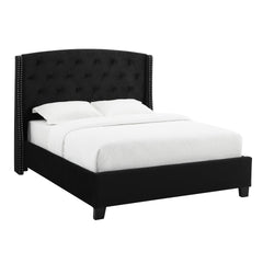 1pc King Size Upholstered Panel Bed Wing Back Headboard Button Tufted Nail head Trim Black Wood Fabric Bedroom Furniture