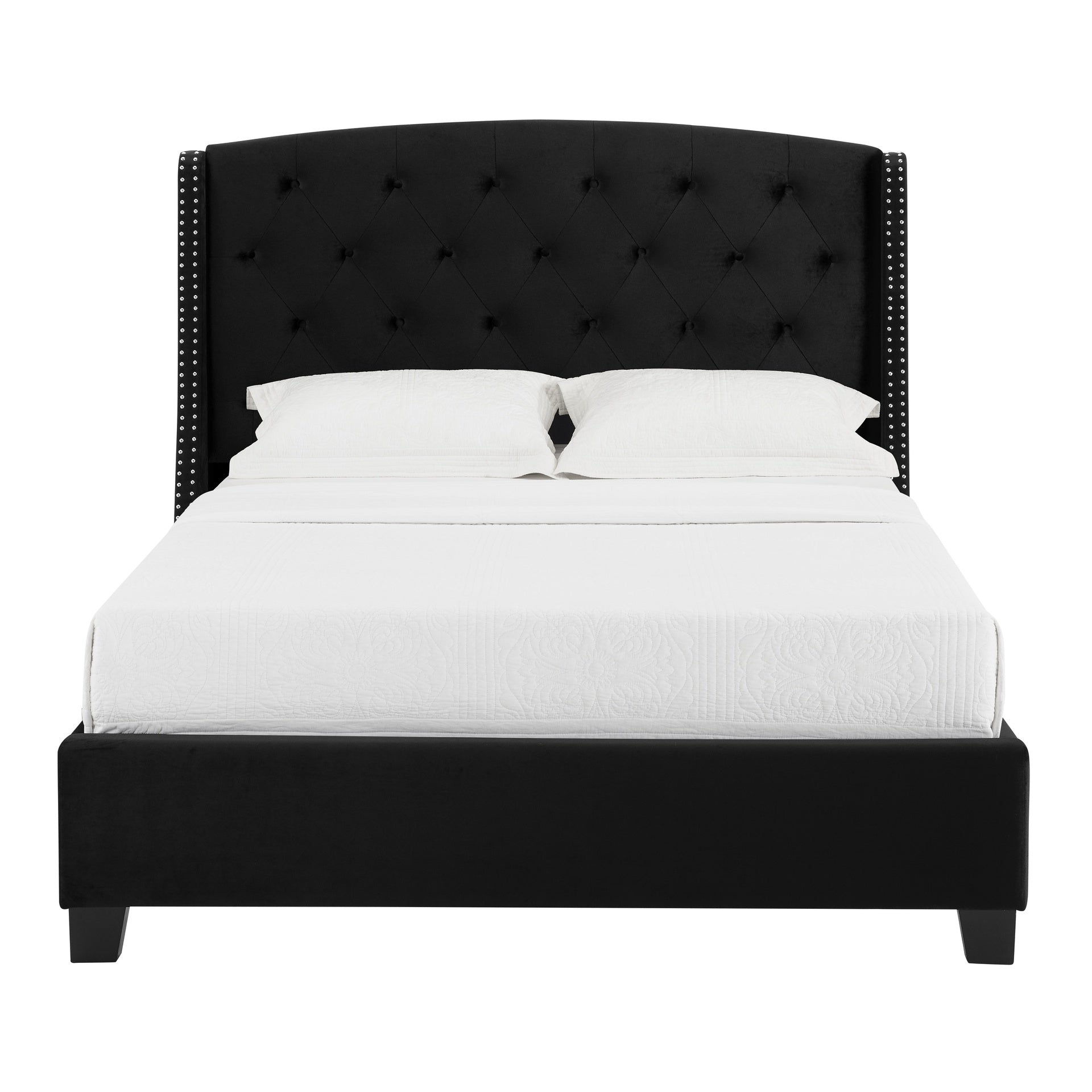 1pc King Size Upholstered Panel Bed Wing Back Headboard Button Tufted Nail head Trim Black Wood Fabric Bedroom Furniture