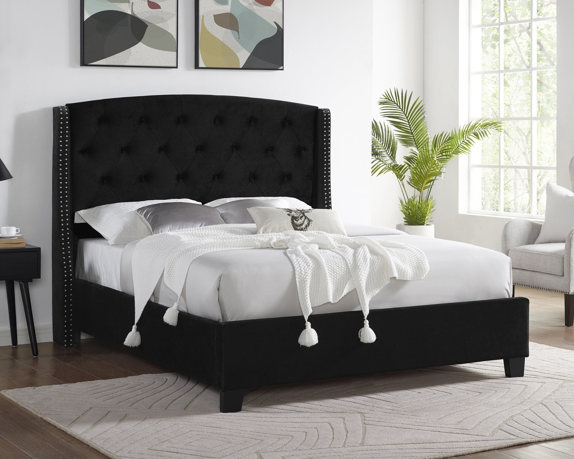 1pc King Size Upholstered Panel Bed Wing Back Headboard Button Tufted Nail head Trim Black Wood Fabric Bedroom Furniture