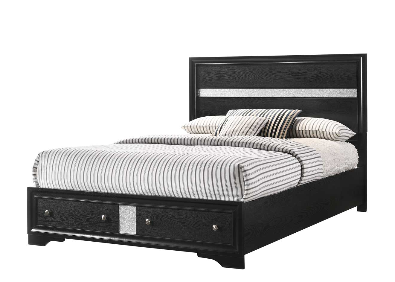 1pc Queen Platform Bed Storage Drawers Shimmering Silver Accent Black Silver Finish Solid Wood