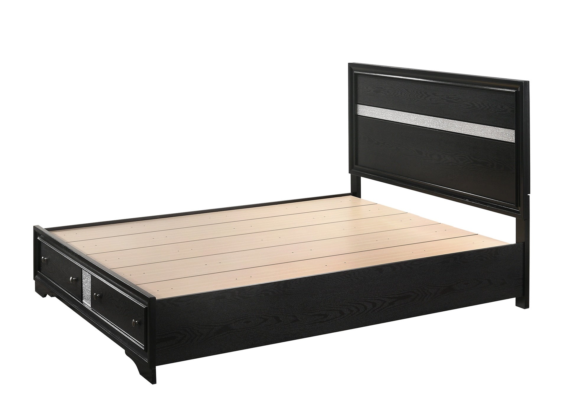 1pc Queen Platform Bed Storage Drawers Shimmering Silver Accent Black Silver Finish Solid Wood