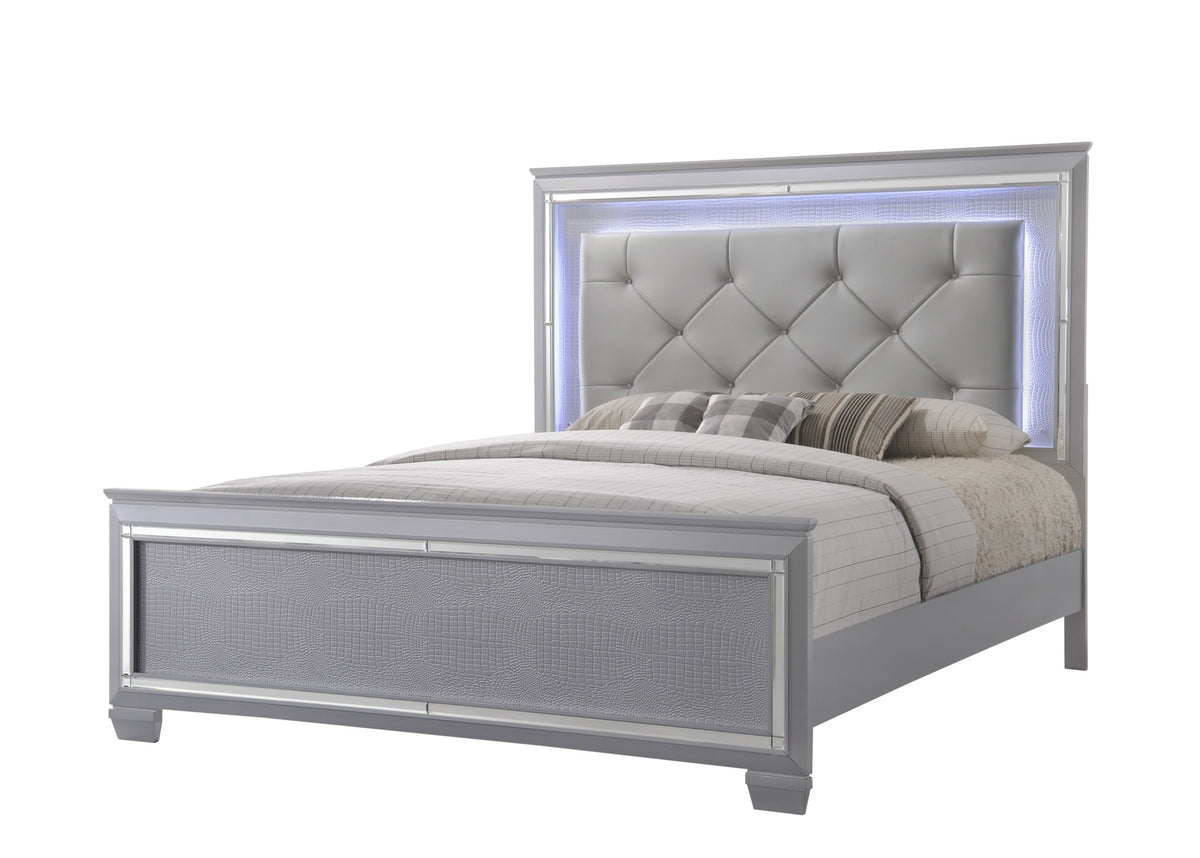 1pc Modern King LED Faux Leather Upholstery Panel Bed Beveled Mirror Accents Textured Footboard Silver Beige Finish