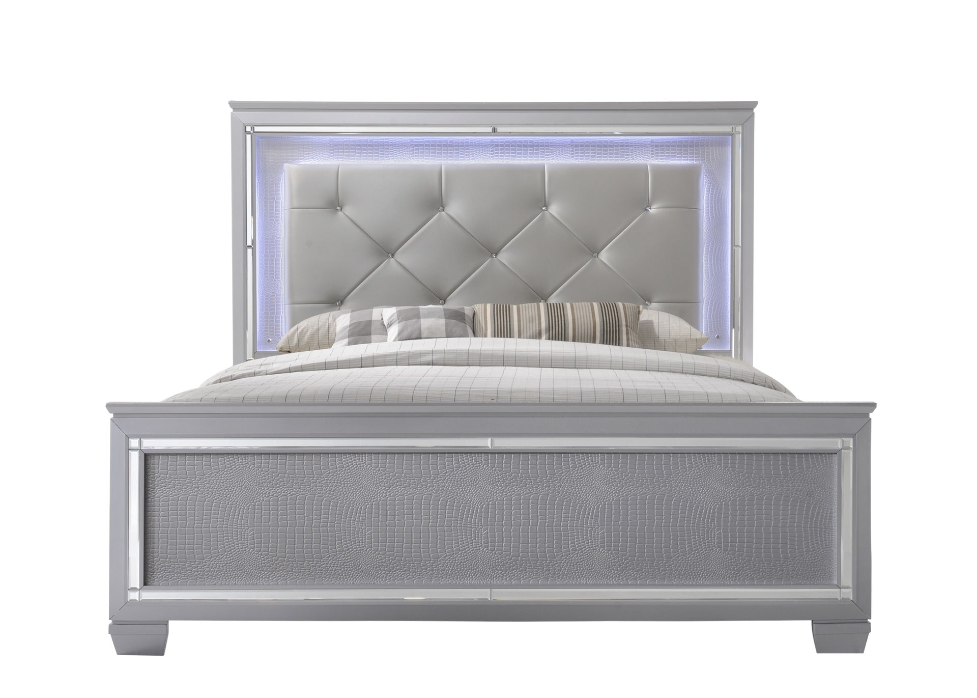 1pc Modern King LED Faux Leather Upholstery Panel Bed Beveled Mirror Accents Textured Footboard Silver Beige Finish