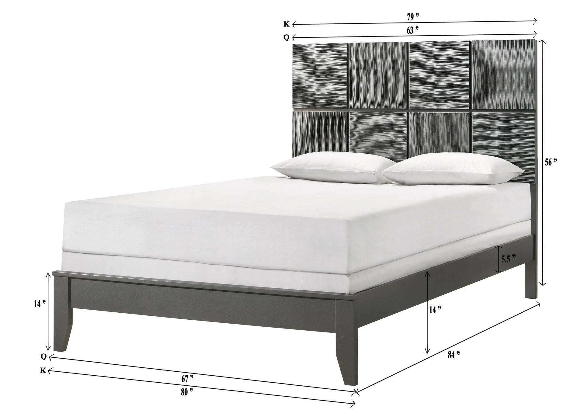 1pc Queen Size Bed Contemporary Design Textured Front Panels Features Geometric Paneling Headboard Gray Gun Metal Finish