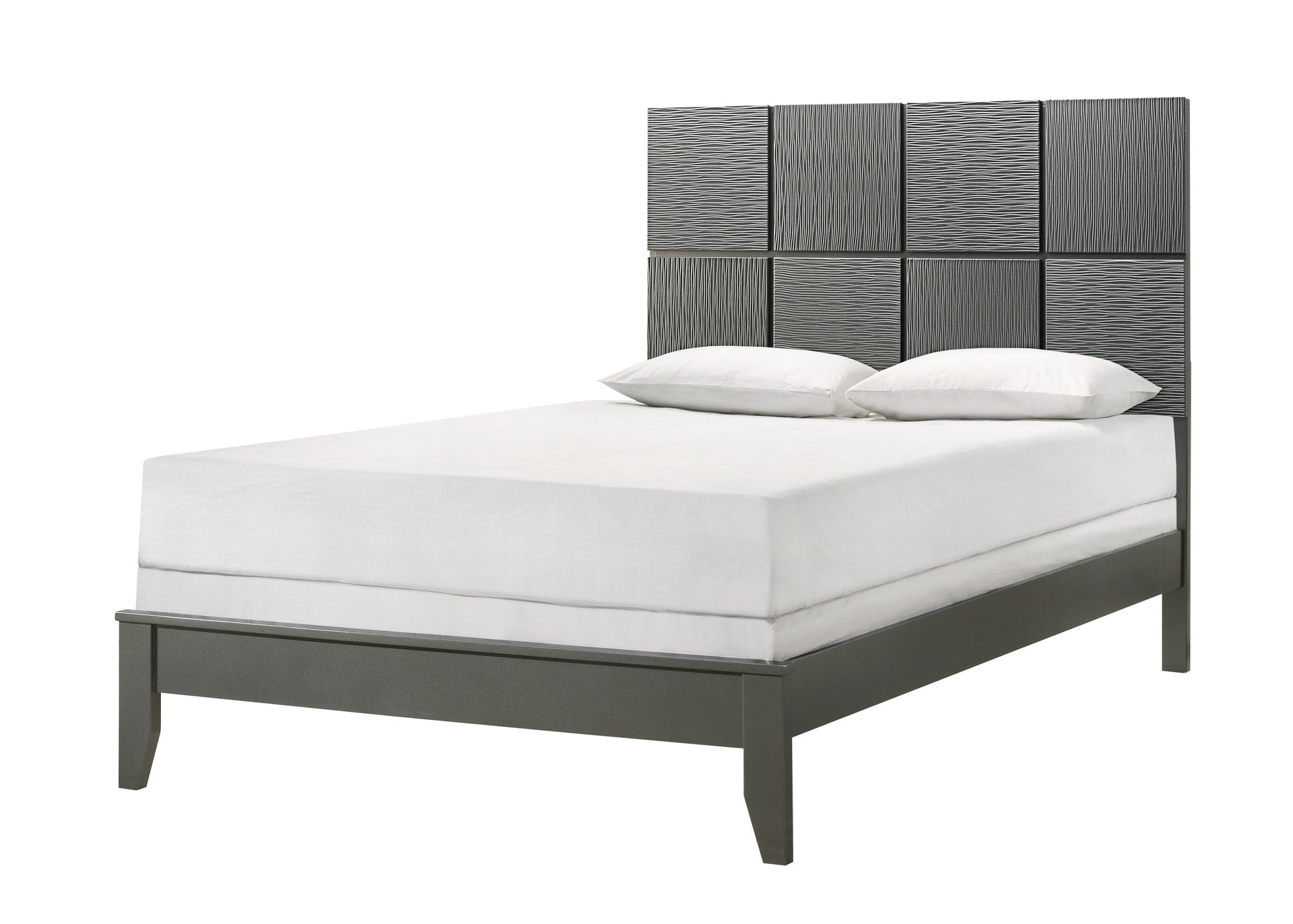 1pc Queen Size Bed Contemporary Design Textured Front Panels Features Geometric Paneling Headboard Gray Gun Metal Finish