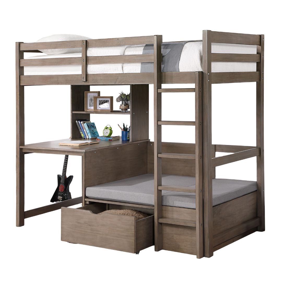 Modern Transitional Twin Over Workstation Loft Bed With Storage Box Attached Ladder Workstation And Bookcase, Warm Grey