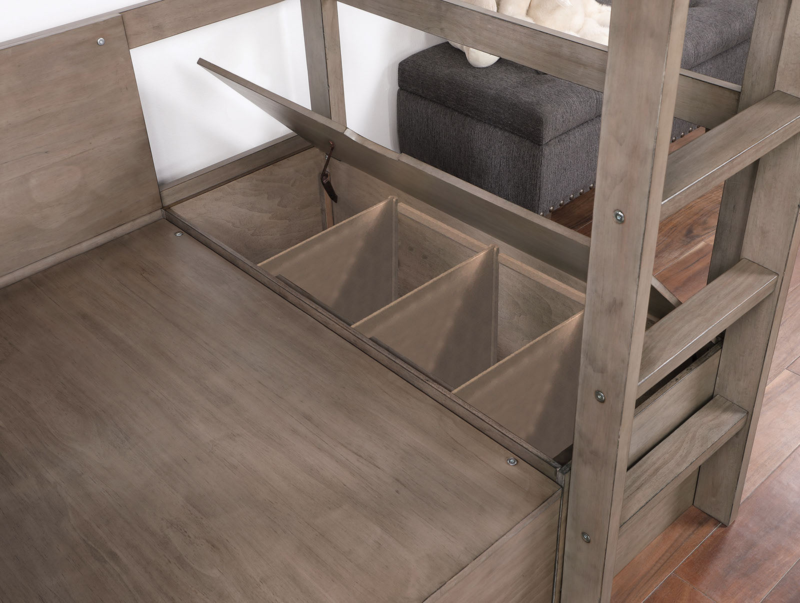 Modern Transitional Twin Over Workstation Loft Bed With Storage Box Attached Ladder Workstation And Bookcase, Warm Grey