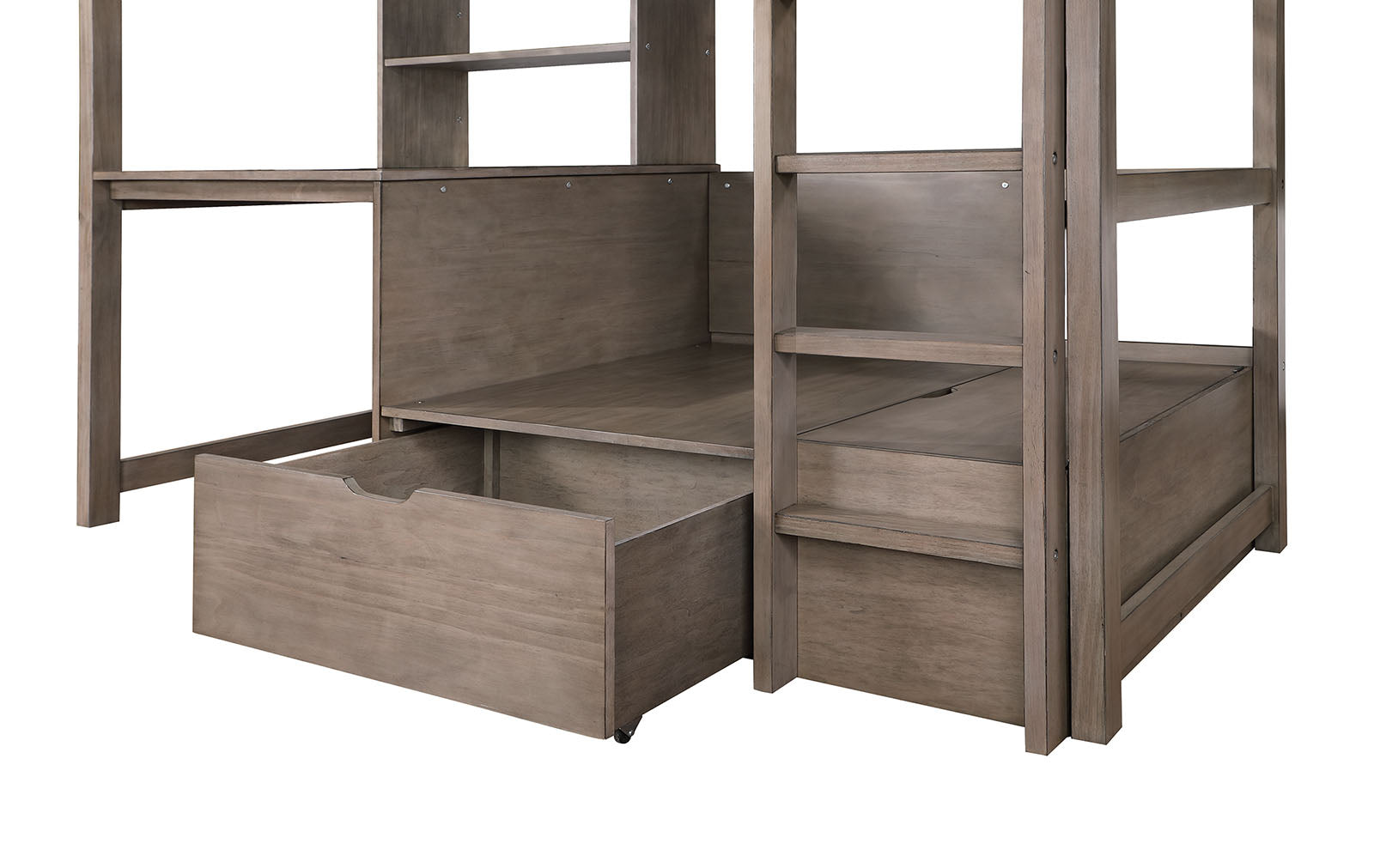 Modern Transitional Twin Over Workstation Loft Bed With Storage Box Attached Ladder Workstation And Bookcase, Warm Grey