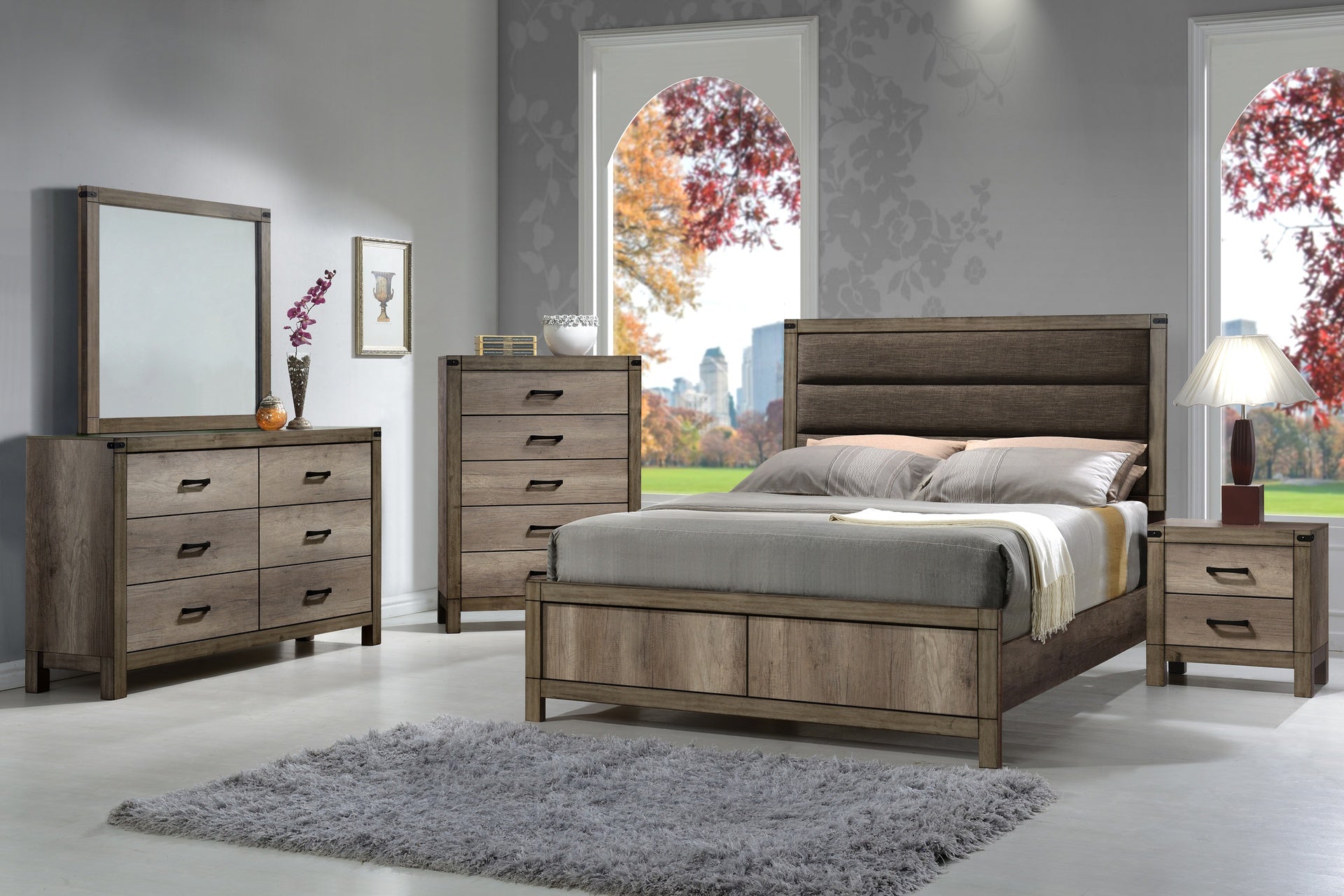 1pc Contemporary Queen Upholstered Low Profile Bed Crisp Vertical Channels Geometric Element Weathered Gray Finish Rustic