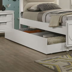 Contemporary Glam Pearl White Upholstered Full Size Bed w LED W Trundle Embossed Panel 1pc Bedframe Bedroom Furniture