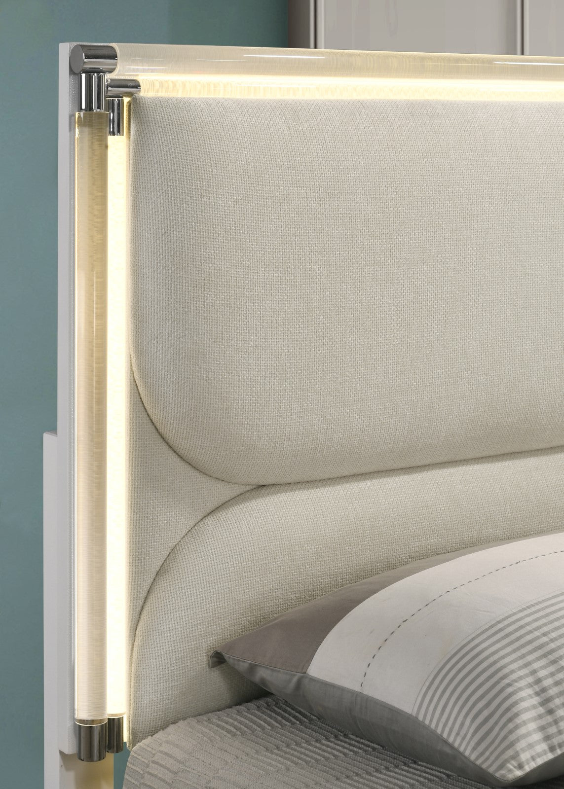 Contemporary Glam Pearl White Full Size Bed Only LED Embossed Panel 1pc Bedframe Trundle Not Included.