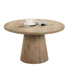 Contemporary Style Round Coffee Table With Cone Shape Pedestal Base Rubberwood Structure Oak Finish