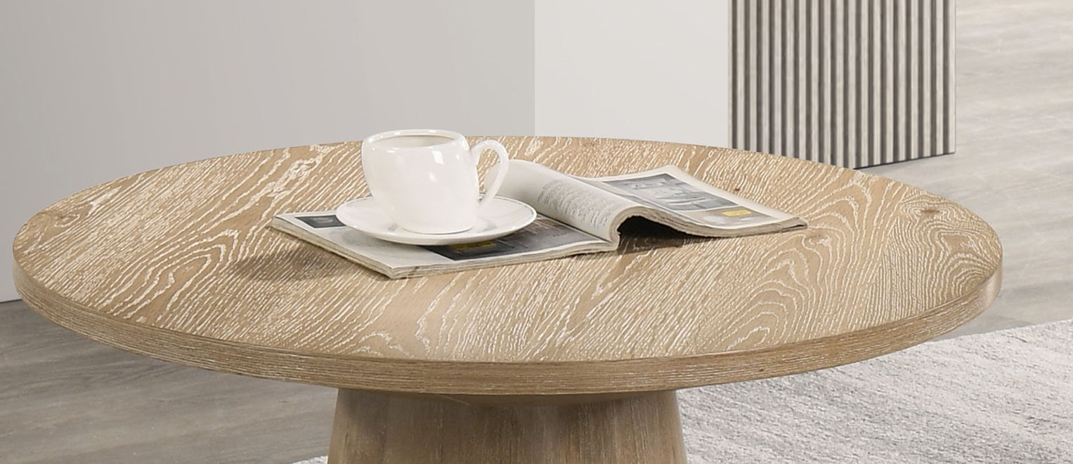 Contemporary Style Round Coffee Table With Cone Shape Pedestal Base Rubberwood Structure Oak Finish