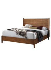 Walnut Color Panel Headboard Queen Size Bed Solid wood 1pc Bedframe Mattress Ready Mid-Century Modern Style