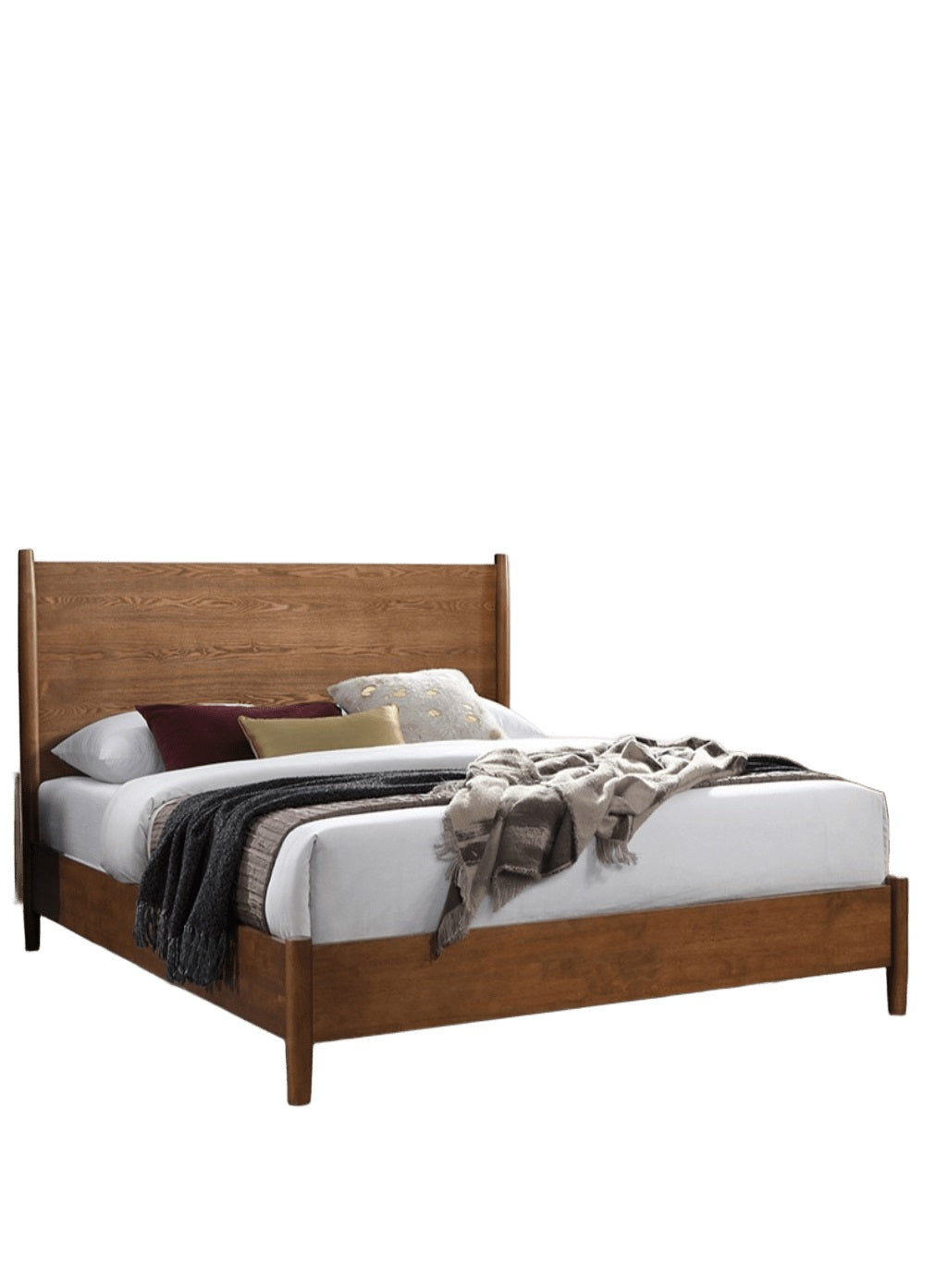 Walnut Color Panel Headboard Full Size Bed Solid wood 1pc Bedframe Mattress Ready Mid-Century Modern Style