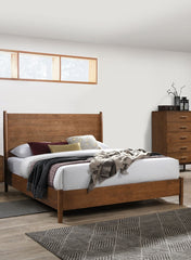 Walnut Color Panel Headboard Full Size Bed Solid wood 1pc Bedframe Mattress Ready Mid-Century Modern Style