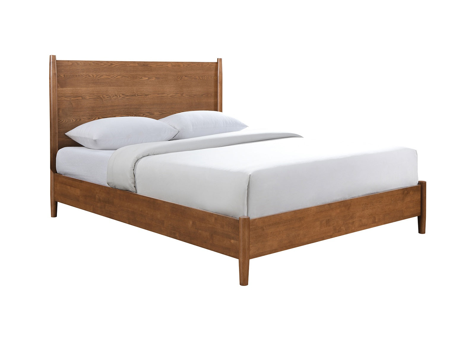 Walnut Color Panel Headboard Full Size Bed Solid wood 1pc Bedframe Mattress Ready Mid-Century Modern Style