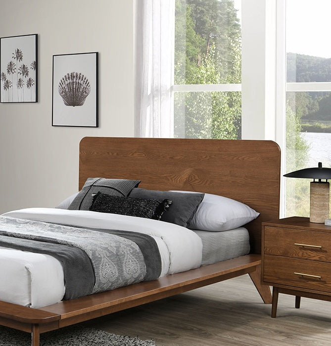 Walnut Color Queen Size Bed Solid wood Veneer 1pc Platform Bedframe Mattress Ready Mid-Century Modern Style