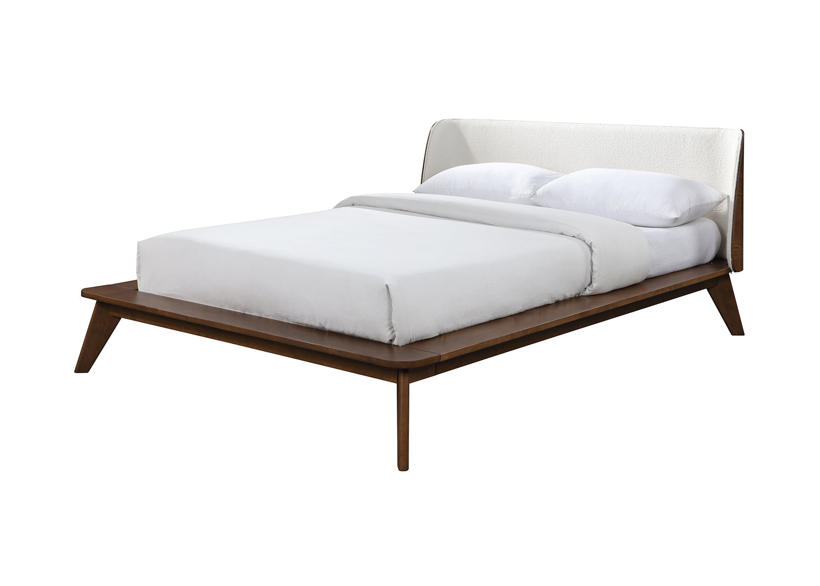 Walnut / Beige Color Queen Size Bed 1pc Fabric Winged Edge Headboard Platform Bedframe Mattress Ready Mid-Century Modern Style