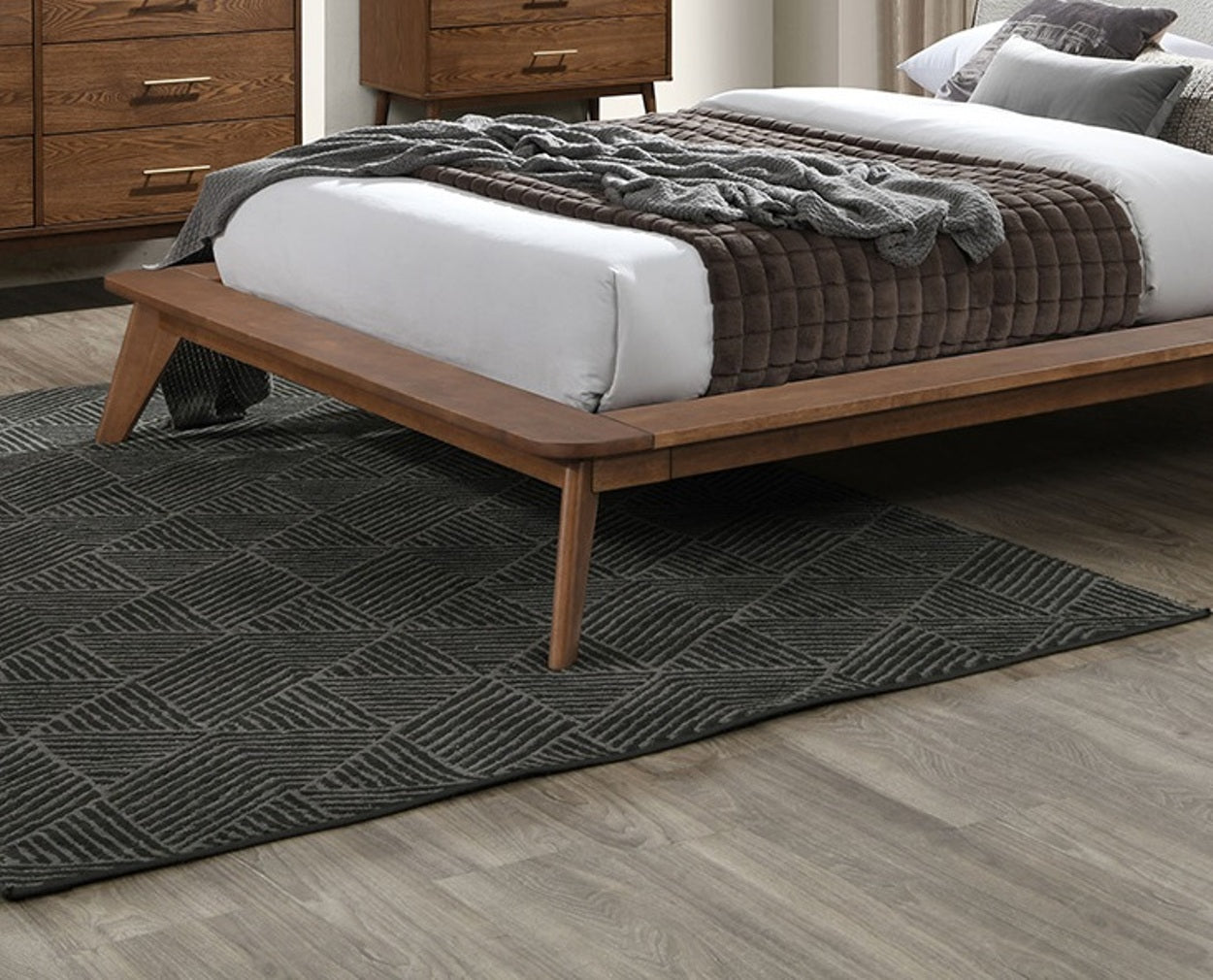 Walnut / Beige Color Queen Size Bed 1pc Fabric Winged Edge Headboard Platform Bedframe Mattress Ready Mid-Century Modern Style