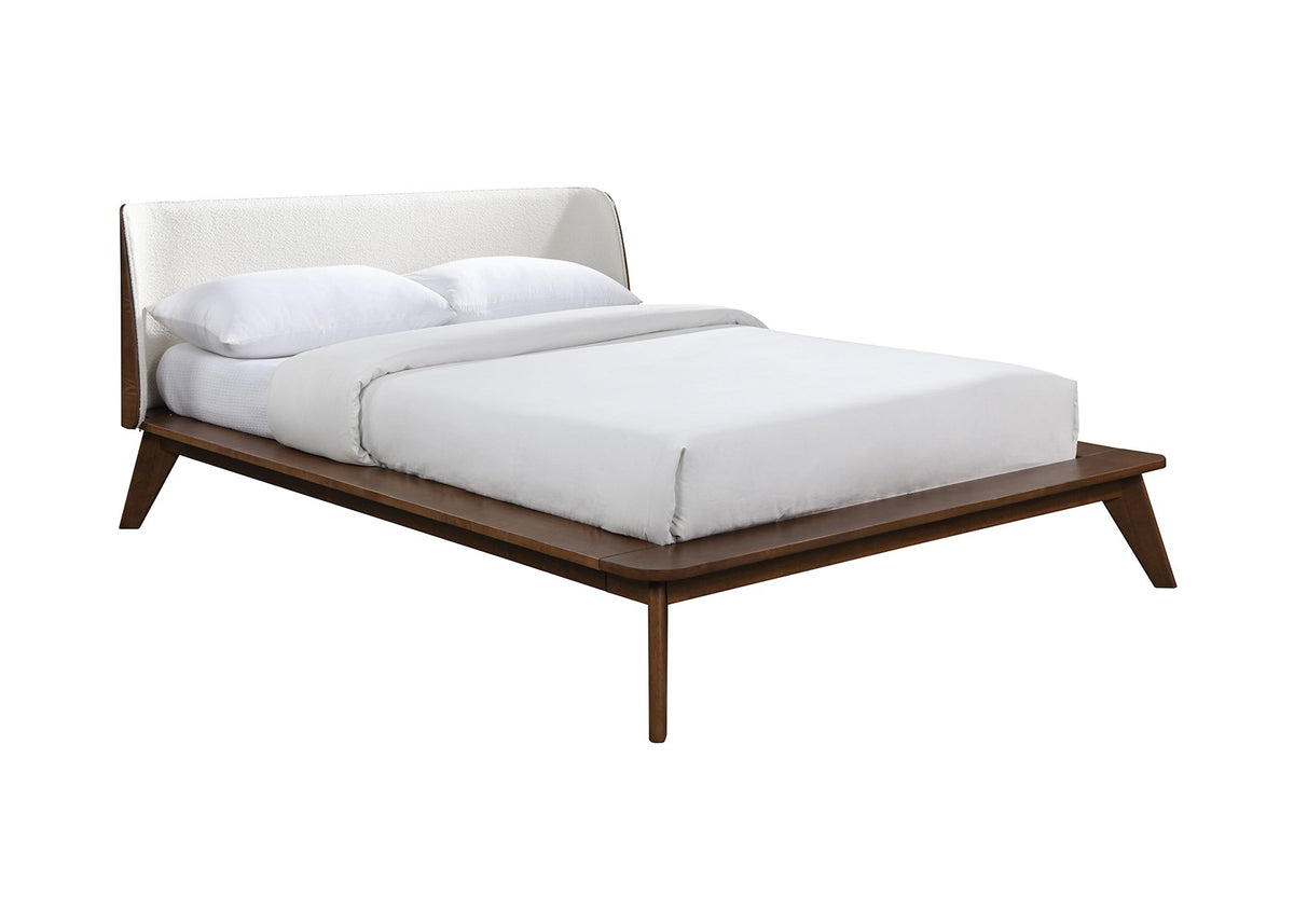 Walnut / Beige Color Queen Size Bed 1pc Fabric Winged Edge Headboard Platform Bedframe Mattress Ready Mid-Century Modern Style