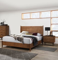Walnut Color Panel Headboard 3pc Bedroom Set Full Size Bed 2x Nightstands Wooden Mid-Century Modern Style