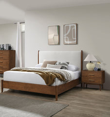 Walnut Color 3pc Bedroom Set Queen Size Bed 2x Nightstands Beige Upholstered Fabric Panel Headboard Mid-Century Modern Style