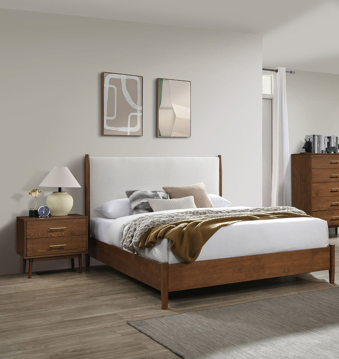 Walnut Color 3pc Bedroom Set Queen Size Bed 2x Nightstands Beige Upholstered Fabric Panel Headboard Mid-Century Modern Style
