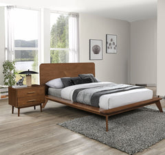Platform Bed Walnut Color 3pc Bedroom Set Queen Size Bed 2x Nightstands Wooden Mid-Century Modern Style