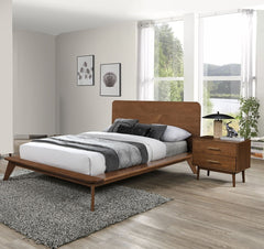 Platform Bed Walnut Color 3pc Bedroom Set Full Size Bed 2x Nightstands Wooden Mid-Century Modern Style