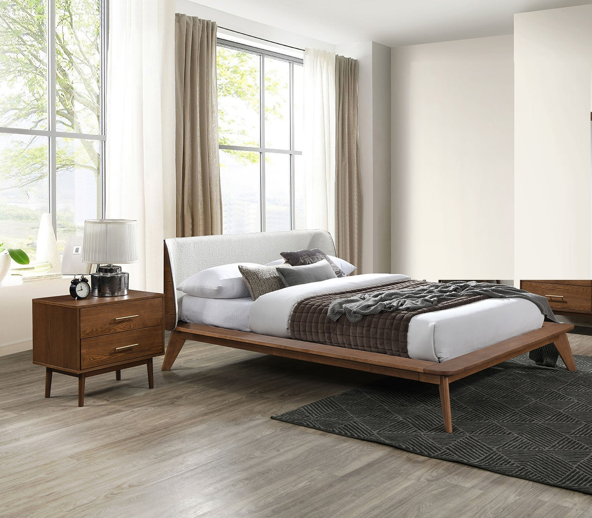 Gorgeous Walnut 3pc Bedroom Set Queen Size Bed 2x Nightstands Beige Upholstered Fabric Winged Edge Panel HB Mid-Century Modern Style