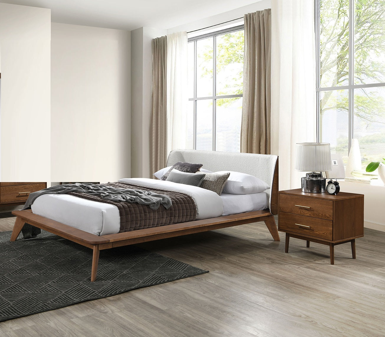 Gorgeous Walnut 3pc Bedroom Set Queen Size Bed 2x Nightstands Beige Upholstered Fabric Winged Edge Panel HB Mid-Century Modern Style